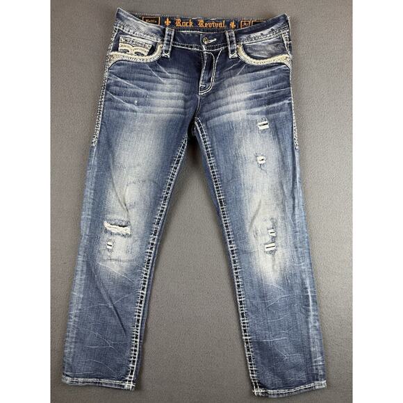 Rock Revival Denim - Rock Revival Hettie Crop Straight Stretch 29 Casual Blue Jeans Rhinestone